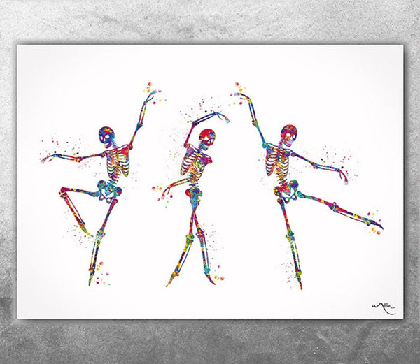 Skeleton Dancing Watercolor Print Yoga Wall Art Party Wellness Dancing Phases Sports Room Chiropractic Wall Decor Physical Therapy Art -2703