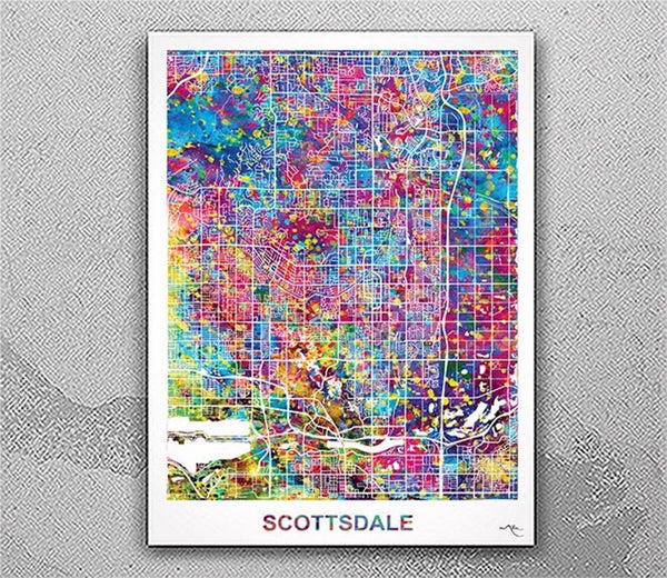 Scottsdale Map Watercolor Print Wall Art Scottsdale Gift USA City Wanderlust, Wall Hanging Map of Arizona Home Town Map Travel Gift-2893