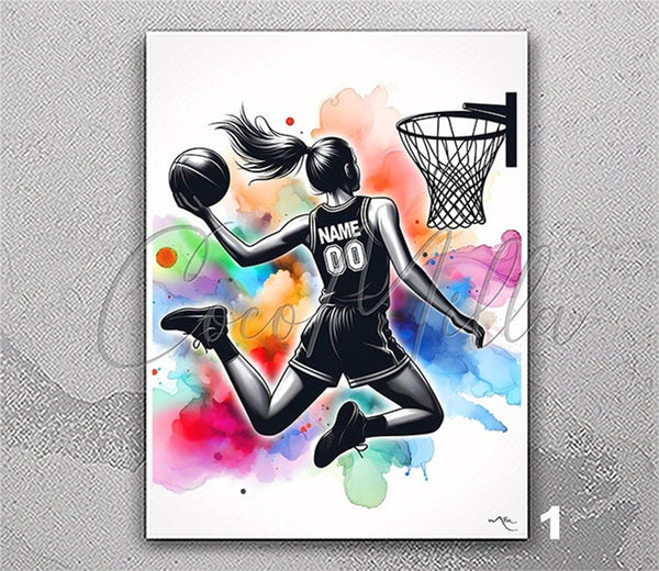Personalized Girl Basketball Player Watercolor Print Gift Female Basketball Women Teen Room Decor Poster Sport Customize Gift Wall Art-2827