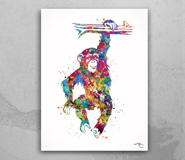 Monkey Hanging Chimp Watercolor Print Chimpanzee Monkey Painting Baby Shower Kids Nursery Wall Art Wall Decor Art Animal Wall Hanging-768