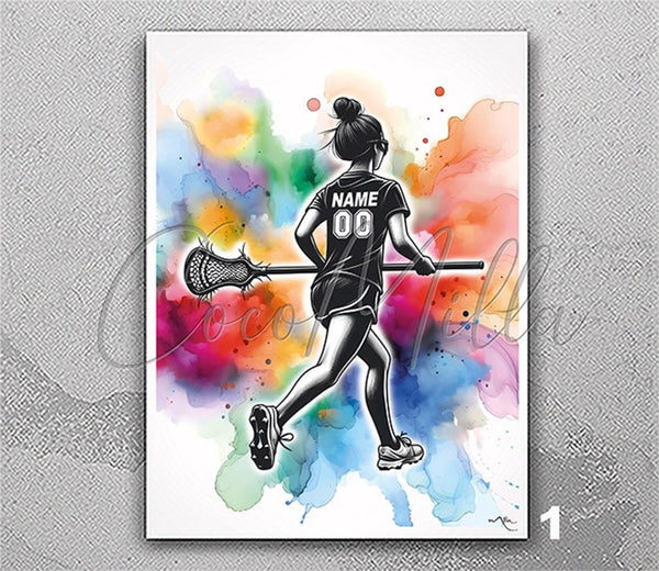 Personalized Lacrosse Player Girl Women Female Watercolor Print Sports Girl Teen Room Decor Personalized Gift Customize Wall Art Gift-2835