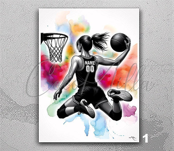 Personalized Girl Basketball Player Watercolor Print Gift Female Basketball Women Teen Room Decor Poster Sport Customize Gift Wall Art-2831