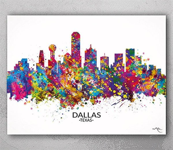 Dallas Skyline Texas Watercolor Print  Map State Cityscape Dallas Travel Gift Poster Housewarming Gift Home Decor Office Wall Hanging-2536