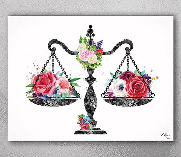 Scales of Justice Watercolor Print Floral Lawyer Gift Attorney Lawyer Office Decor Wall Art Judge Law Lawyer Graduation Pass the Bar-426