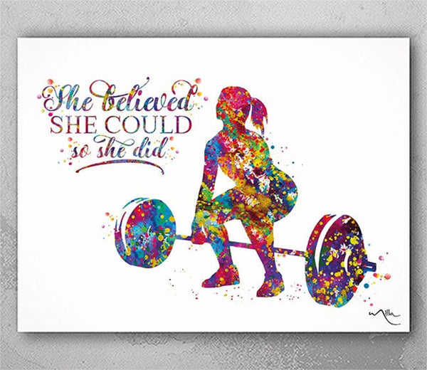 Woman Weight Lifter Quote Watercolor Print Female Weightlifter Bodybuilding Wall Decor Gym Fitness She Believed Motivational Wall Art-2488