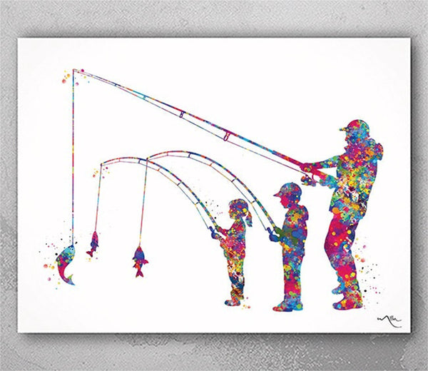 Father and Son and Daughter Fishing Watercolor Print Fishing Poster Father Day Fishing Wall Art Father Fishing Buddies Nursery Decor-1968