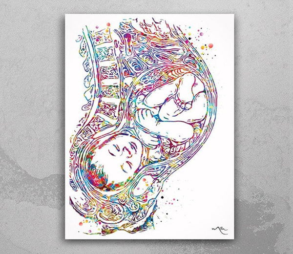 Pregnancy Watercolor Print Womb Pregnancy Anatomy Gynecology Obstetrician Nursing Midwife Baby Fetus Medical Art Clinic Doctor Gift-1096