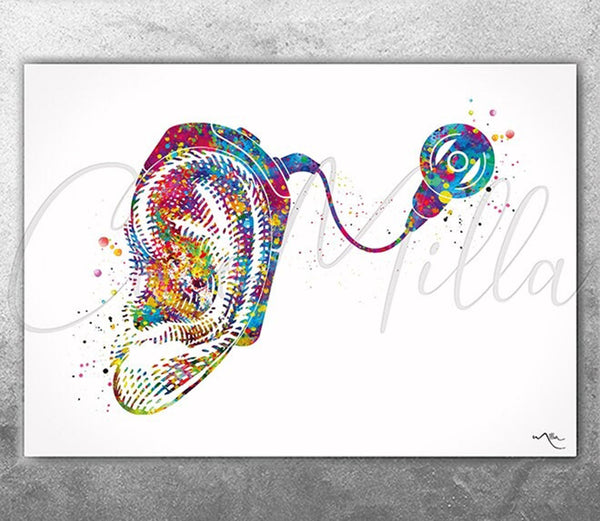 Cochlear Implant, Hearing Aid Watercolor Print Art Deaf Gift Audiologist Audiology Art Ear Diagram Clinic Office Decor Medical Wall Art-2858