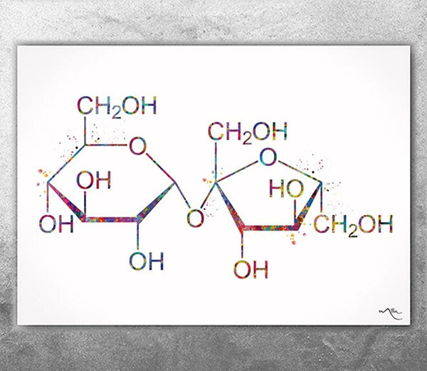 Sugar Molecule Structure Watercolor Print Sucrose Chemical Molecule Wall Art Science Diabetes Chemistry Organic Chemistry Decor-2824