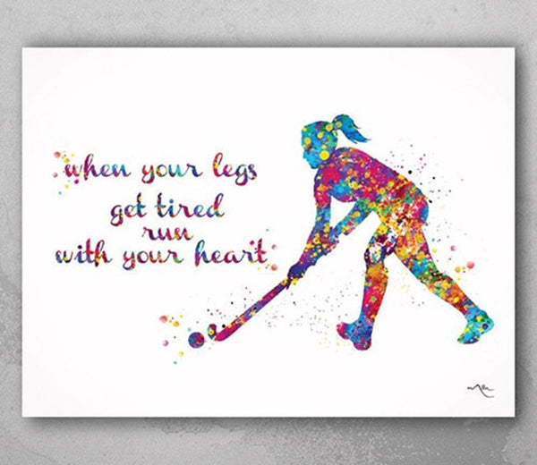 Field Hockey Girl Quote Watercolor Print Hockey Player Girl Gift Art Wall Decor Girl Hockey Art Run with your heart Girl Wall Art-1387