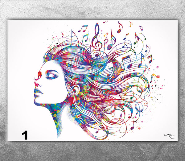 Music Gifts Girl with Notes Watercolor Print Treble Clef Art Print Musician Wall Decor Wall Art Housewarming Music Room Party Decor-2939