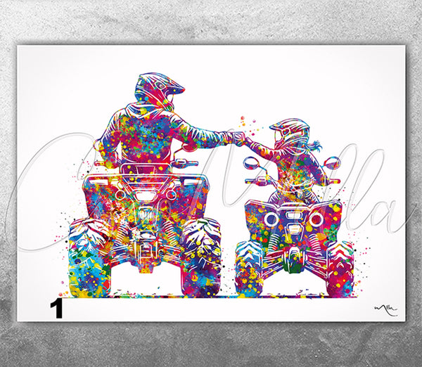 Personalised Father and Daughter Quad Bike Rider Watercolor Print Dad ATV Rider Dirty Bike Sports Wall Art For Him Man Cave Decor-2940