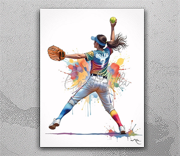 Softball Pitcher Personelized Gift Watercolor Print Girl Softball Female Room Decor Custom WomanTeen Bedroom Decor Customize Wall Art-2937