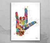 I Love You ASL American Sign Language Watercolor Print Hand Signing Deaf Diagram Love Poster Sign Language Manual Alphabet Medical Art-387