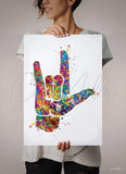 I Love You ASL American Sign Language Watercolor Print Hand Signing Deaf Diagram Love Poster Sign Language Manual Alphabet Medical Art-387