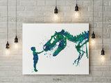 Boy and Dinosaur Watercolor Print Little Boy and T-Rex Poster Blue Tyrannosaurus Rex Wall Art Nursery Kids Room Child Personalised Gift-1804