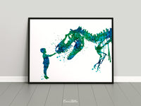 Boy and Dinosaur Watercolor Print Little Boy and T-Rex Poster Blue Tyrannosaurus Rex Wall Art Nursery Kids Room Child Personalised Gift-1804