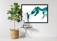 Boy and Dinosaur Watercolor Print Little Boy and T-Rex Poster Blue Tyrannosaurus Rex Wall Art Nursery Kids Room Child Personalised Gift-1804