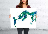 Boy and Dinosaur Watercolor Print Little Boy and T-Rex Poster Blue Tyrannosaurus Rex Wall Art Nursery Kids Room Child Personalised Gift-1804