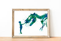 Boy and Dinosaur Watercolor Print Little Boy and T-Rex Poster Blue Tyrannosaurus Rex Wall Art Nursery Kids Room Child Personalised Gift-1804