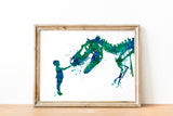 Boy and Dinosaur Watercolor Print Little Boy and T-Rex Poster Blue Tyrannosaurus Rex Wall Art Nursery Kids Room Child Personalised Gift-1804