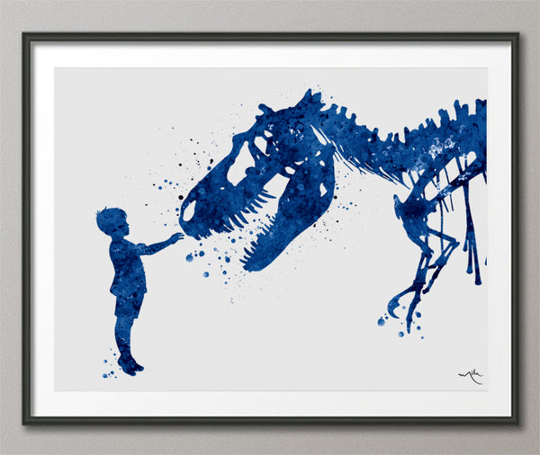 Boy and Dinosaur Watercolor Print Little Boy and T-Rex Poster Blue Tyrannosaurus Rex Wall Art Nursery Kids Room Child Personalised Gift-145