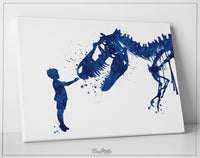 Boy and Dinosaur Watercolor Print Little Boy and T-Rex Poster Blue Tyrannosaurus Rex Wall Art Nursery Kids Room Child Personalised Gift-145