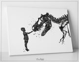 Boy and Dinosaur Watercolor Print Little Boy and T-Rex Poster Black White Tyrannosaurus Rex Wall Art Nursery Kids Room Personalised Gift-146