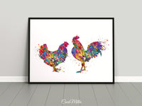 Chicken and Rooster Couple Watercolor Print Housewarming Gift Mr & Mrs Nursery Animal Decor Farm Animal Family Gift Farm Country House-1695