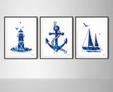 Coastal Decor Navy Blue Watercolor Print Set of 3 Summer Decor Lighthouse Sailboat Anchor Nautical Wall Art Bathroom Decor Wall Hanging-1661