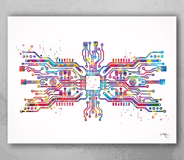 Circuit Board Art Watercolor Print Science Art Computer Modern Art Electronic Motherboard Engineer Technology Gift Poster Wall Hanging-1754