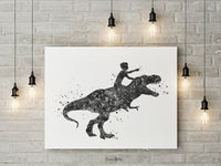 Dinosaur Rider Boy Watercolor Print Little Boy and T-Rex Art Gift Birthday Party Boys Room Decor Wall Art Nursery Decor Wall Hanging-1797