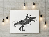 Dinosaur Rider Boy Watercolor Print Little Boy and T-Rex Art Gift Birthday Party Boys Room Decor Wall Art Nursery Decor Wall Hanging-1797