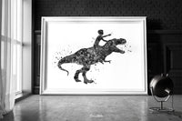 Dinosaur Rider Boy Watercolor Print Little Boy and T-Rex Art Gift Birthday Party Boys Room Decor Wall Art Nursery Decor Wall Hanging-1797
