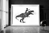 Dinosaur Rider Boy Watercolor Print Little Boy and T-Rex Art Gift Birthday Party Boys Room Decor Wall Art Nursery Decor Wall Hanging-1797