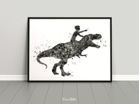 Dinosaur Rider Boy Watercolor Print Little Boy and T-Rex Art Gift Birthday Party Boys Room Decor Wall Art Nursery Decor Wall Hanging-1797