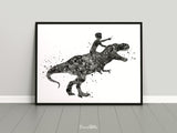 Dinosaur Rider Boy Watercolor Print Little Boy and T-Rex Art Gift Birthday Party Boys Room Decor Wall Art Nursery Decor Wall Hanging-1797