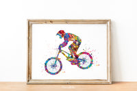 Downhill Mountain Biking Watercolor Print Dirt Bike Mountain Biker Poster Stunt Racing Bike Extreme Sport Print For Him Sports Wall Art-1854