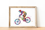 Downhill Mountain Biking Watercolor Print Dirt Bike Mountain Biker Poster Stunt Racing Bike Extreme Sport Print For Him Sports Wall Art-1854