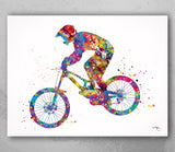 Downhill Mountain Biking Watercolor Print Dirt Bike Mountain Biker Poster Stunt Racing Bike Extreme Sport Print For Him Sports Wall Art-1854