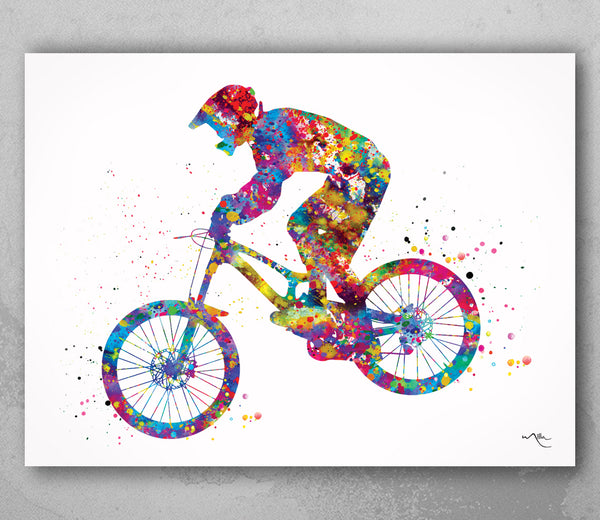 Downhill Mountain Biking Watercolor Print Dirt Bike Mountain Biker Poster Stunt Racing Bike Extreme Sport Print For Him Sports Wall Art-1854