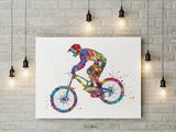 Downhill Mountain Biking Watercolor Print Dirt Bike Mountain Biker Poster Stunt Racing Bike Extreme Sport Print For Him Sports Wall Art-1854