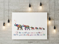 Elephant Family Mom Dad and Four Baby Watercolor Print Quote Art Wedding Gift Family Print Wall Art Home Decor Housewarming Wall Prints-1863