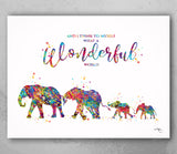 Elephants Family with Two Babies What a Wonderful World Quote Watercolor Print Wedding Gift Wall Art Anniversary Wall Art Baby Shower-1699