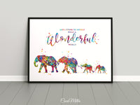 Elephants Family with Two Babies What a Wonderful World Quote Watercolor Print Wedding Gift Wall Art Anniversary Wall Art Baby Shower-1699