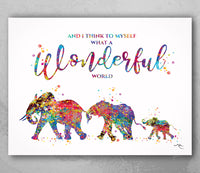 Elephants Family with one Babies What a Wonderful World Quote Watercolor Print Wedding Gift Wall Art Anniversary Wall Art Baby Shower-1818