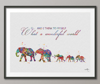 Elephants Family with Three Babies What a wonderful world Quote Watercolor Print Wedding Gift Wall Art Anniversary Wall Art Baby Shower-574 - CocoMilla