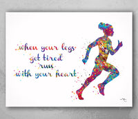 Female Runner Watercolor Print Afro Runner Woman Girl When your legs get tired run with your heart Quote poster running Gift Runners-1877