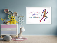 Female Runner Watercolor Print Runner Woman Girl When your legs get tired run with your heart Quote poster sport running Gift Runners-1870