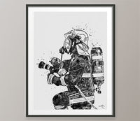 Fireman Firefighter Watercolor Print BW Firefighter Gift Fire Department Fire Soldier Wall Art Wall Decor Rescue Personalized Hero Gift-472